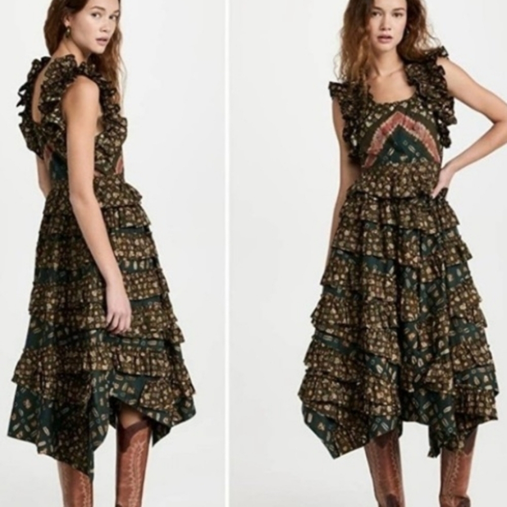 Ulla Johnson Nia Tiered Ruffled Green and Red Patterned Dress